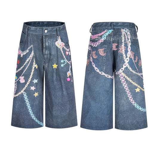 3D Chain Print Curved Leg Cropped Denim Pants WN26838