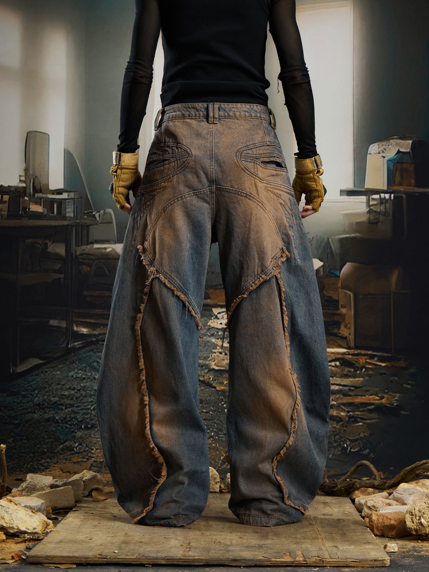 Deconstruction Raw Edge Wide Leg Curved Leg Denim Jeans WN22779