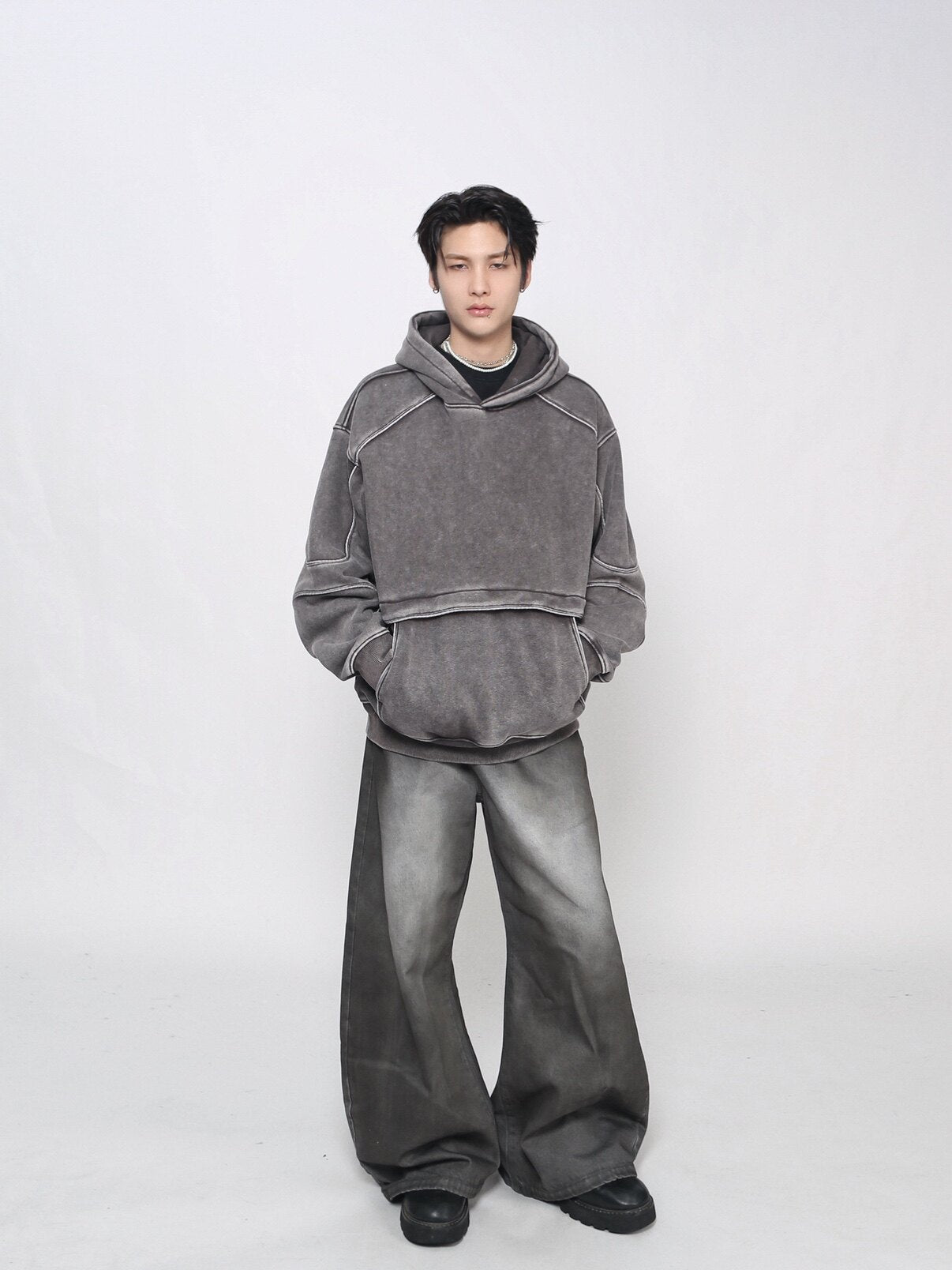 Washed Deconstructed Splicing Oversize Hoodie WN24472
