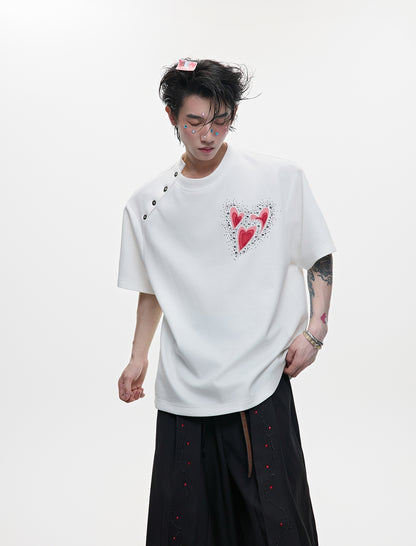 Irregular Neckline Embroidery Rhinestone Short Sleeve T-Shirt WN18374