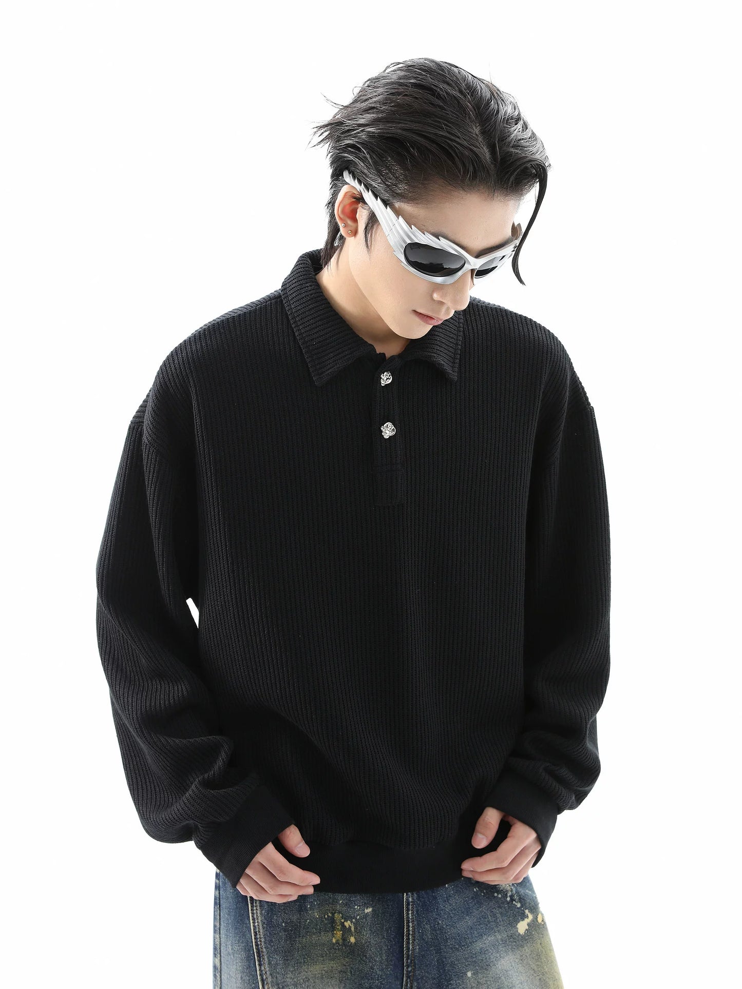 Plain Polo Collar Oversize Knit Sweater WN10424