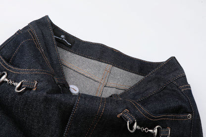 Washed Metal Buckle Wide Leg Denim Jeans WN26169