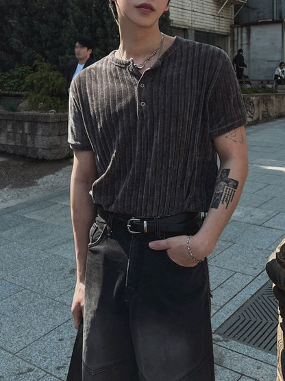 Henley Neck Plain Design Short Sleeve T-Shirt WN20269