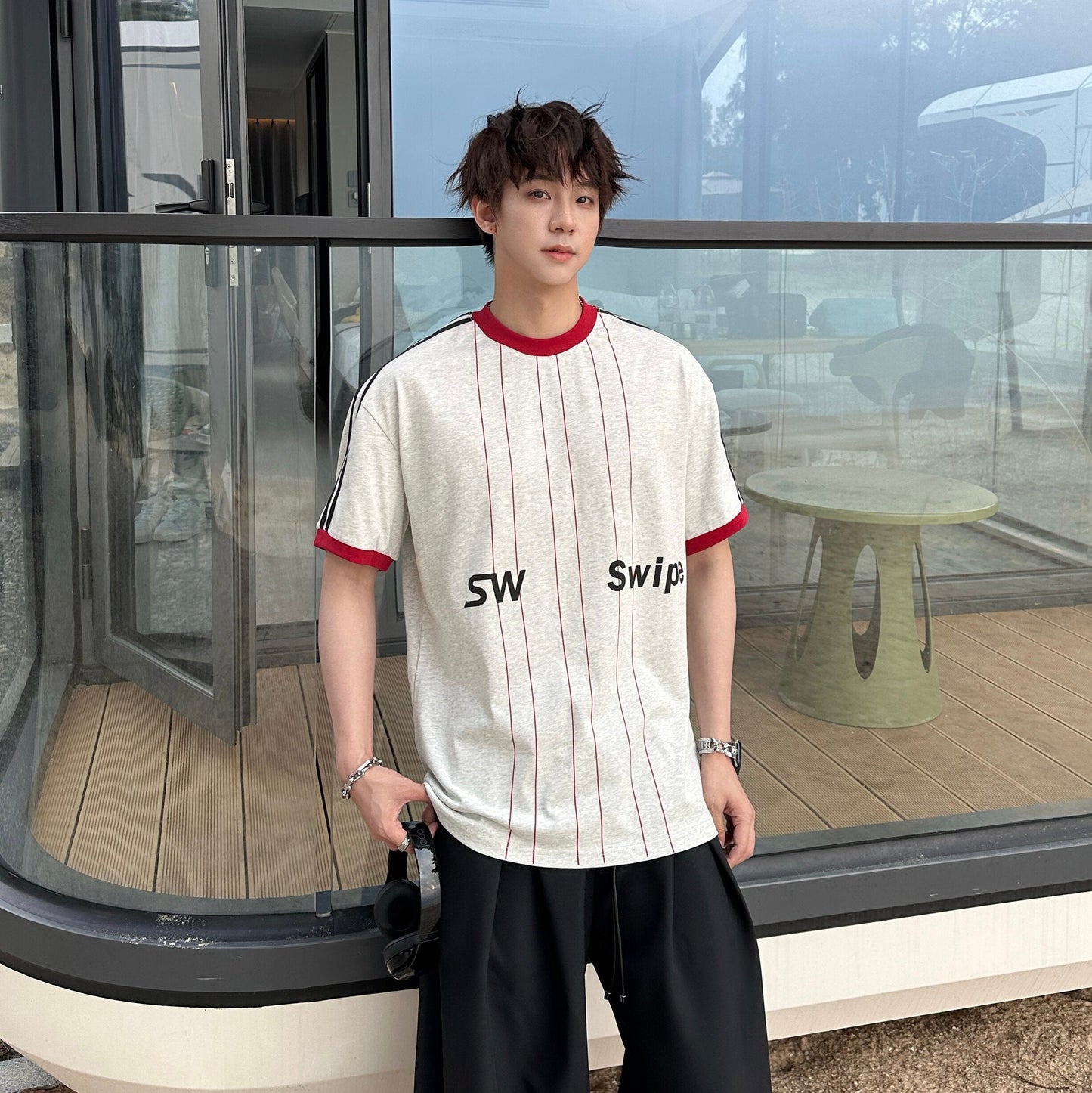 Letter Pinstripe Short Sleeve T-Shirt WN25204