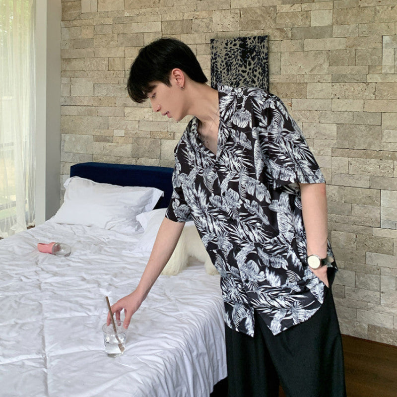 Leaf Print Open Collar Short Sleeve Shirt WN24882