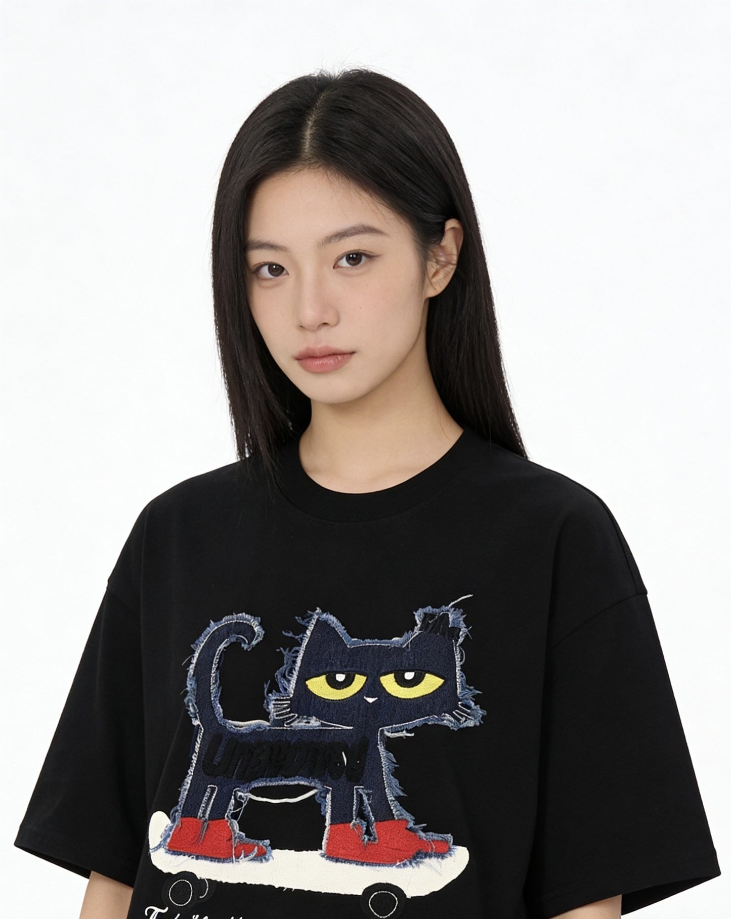 Cat Applique Embroidery Short Sleeve T-Shirt WN25665