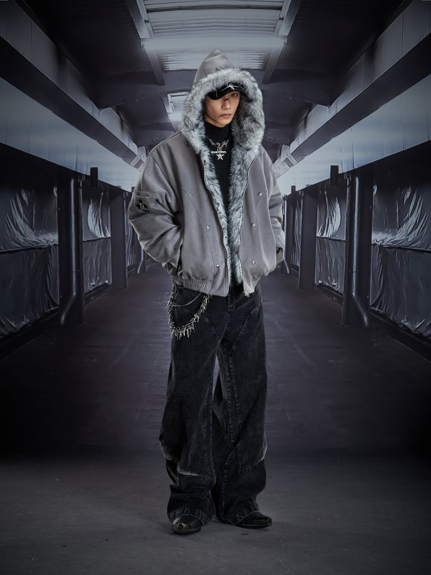 Wash Damage Corduroy Patchwork Cargo Denim Jeans WN22880