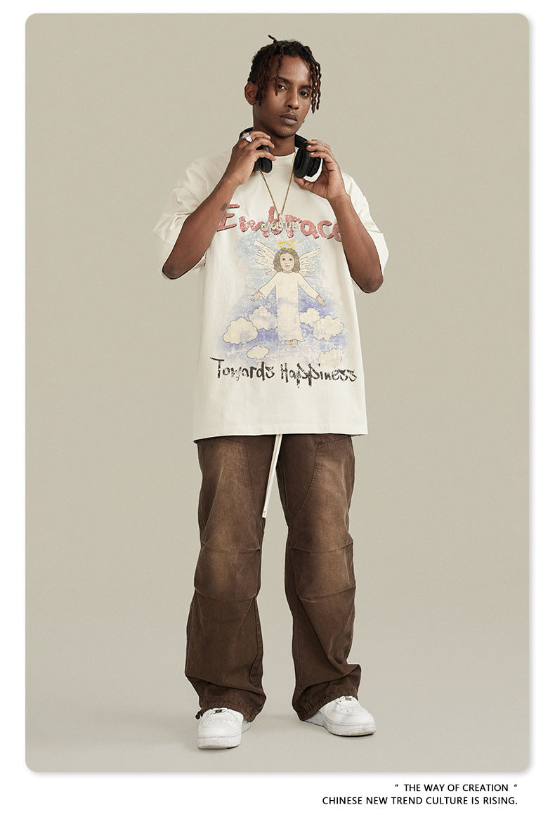 Oversize Angel Print Round Neck Short Sleeve T-Shirt WN7893