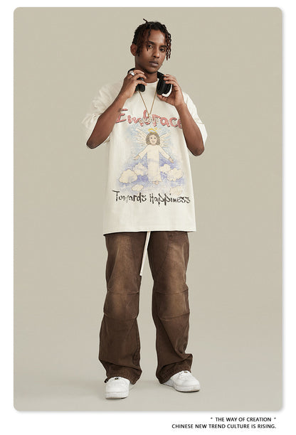 Oversize Angel Print Round Neck Short Sleeve T-Shirt WN7893