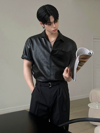 Turn-Down Collar PU Leather Short Sleeve Shirt WN20250