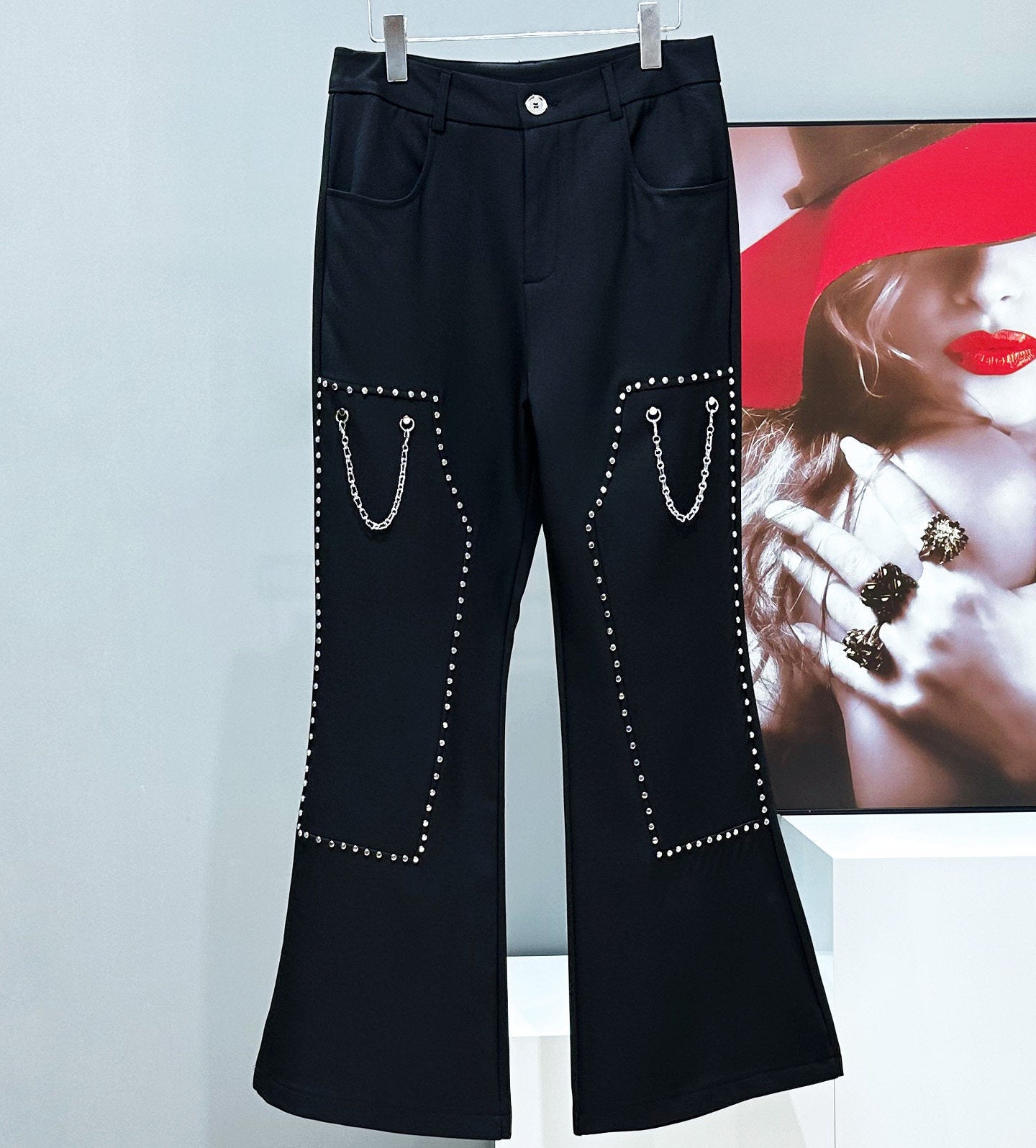 Studs Chain Deconstructed Wide Leg Flare Trousers WN23940