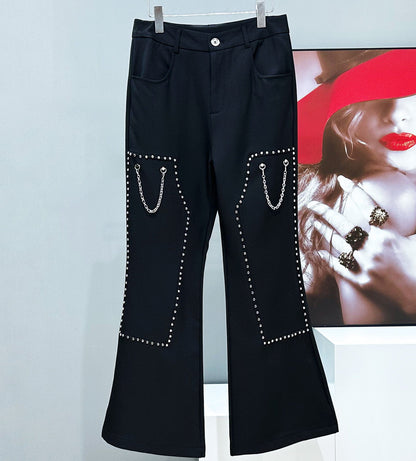 Studs Chain Deconstructed Wide Leg Flare Trousers WN23940