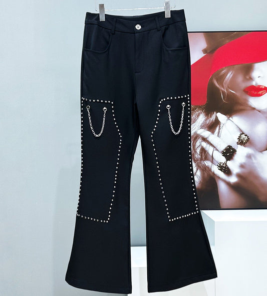 Studs Chain Deconstructed Wide Leg Flare Trousers WN23940