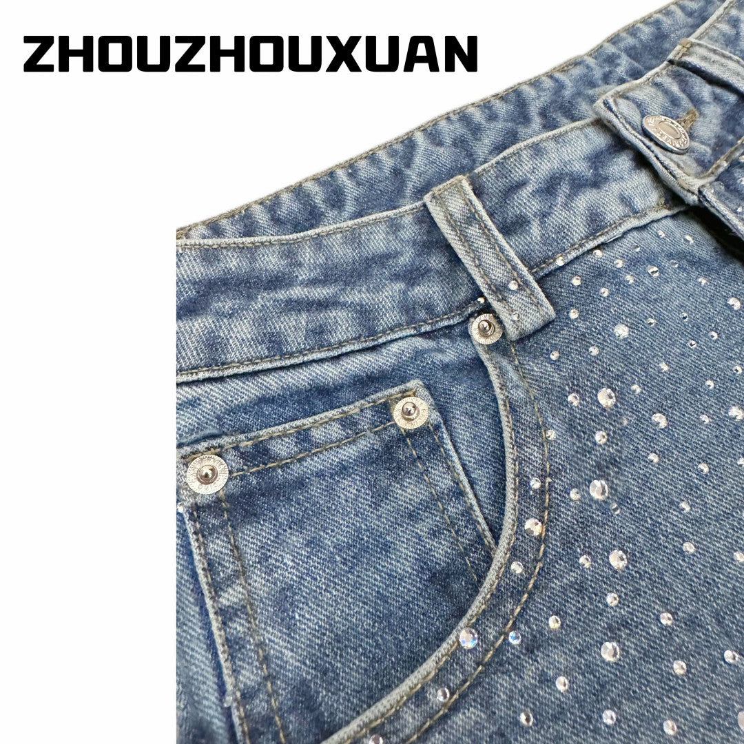 Rhinestone Star Wash Straight Denim Jeans WN20696