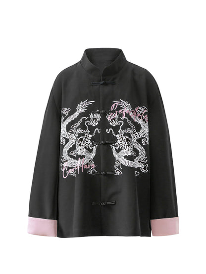 Frog-Button Color-Block Print Mandarin-Collar Oversize Long Sleeve Shirt WN26334