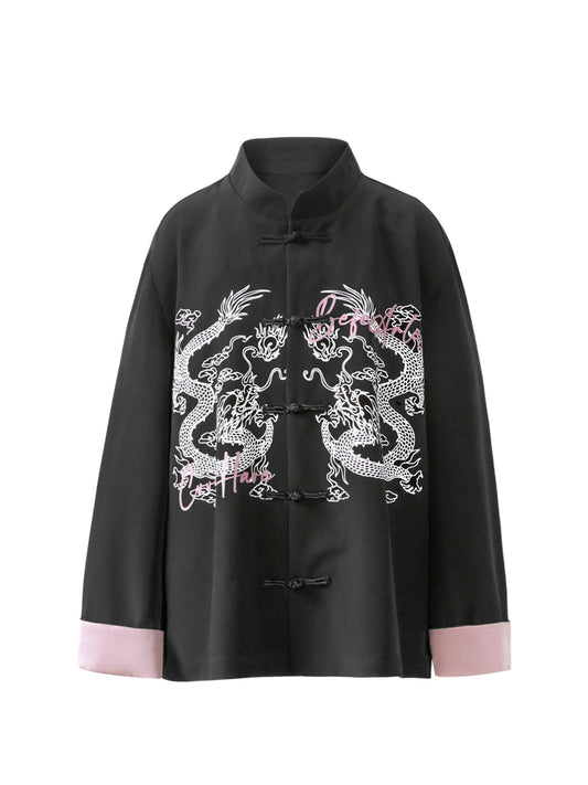 Frog-Button Color-Block Print Mandarin-Collar Oversize Long Sleeve Shirt WN26334
