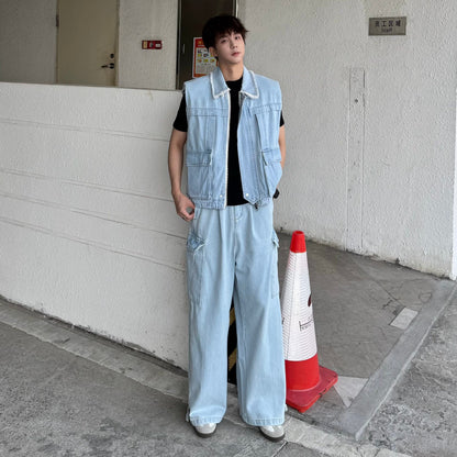 Sleeveless Denim Jacket & Wide Leg Cargo Denim Jeans Setup WN25330