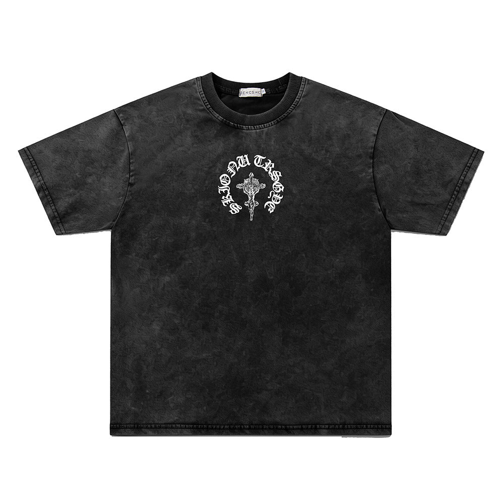 Washed Gothic Print Oversize Short Sleeve T-Shirt WN26931
