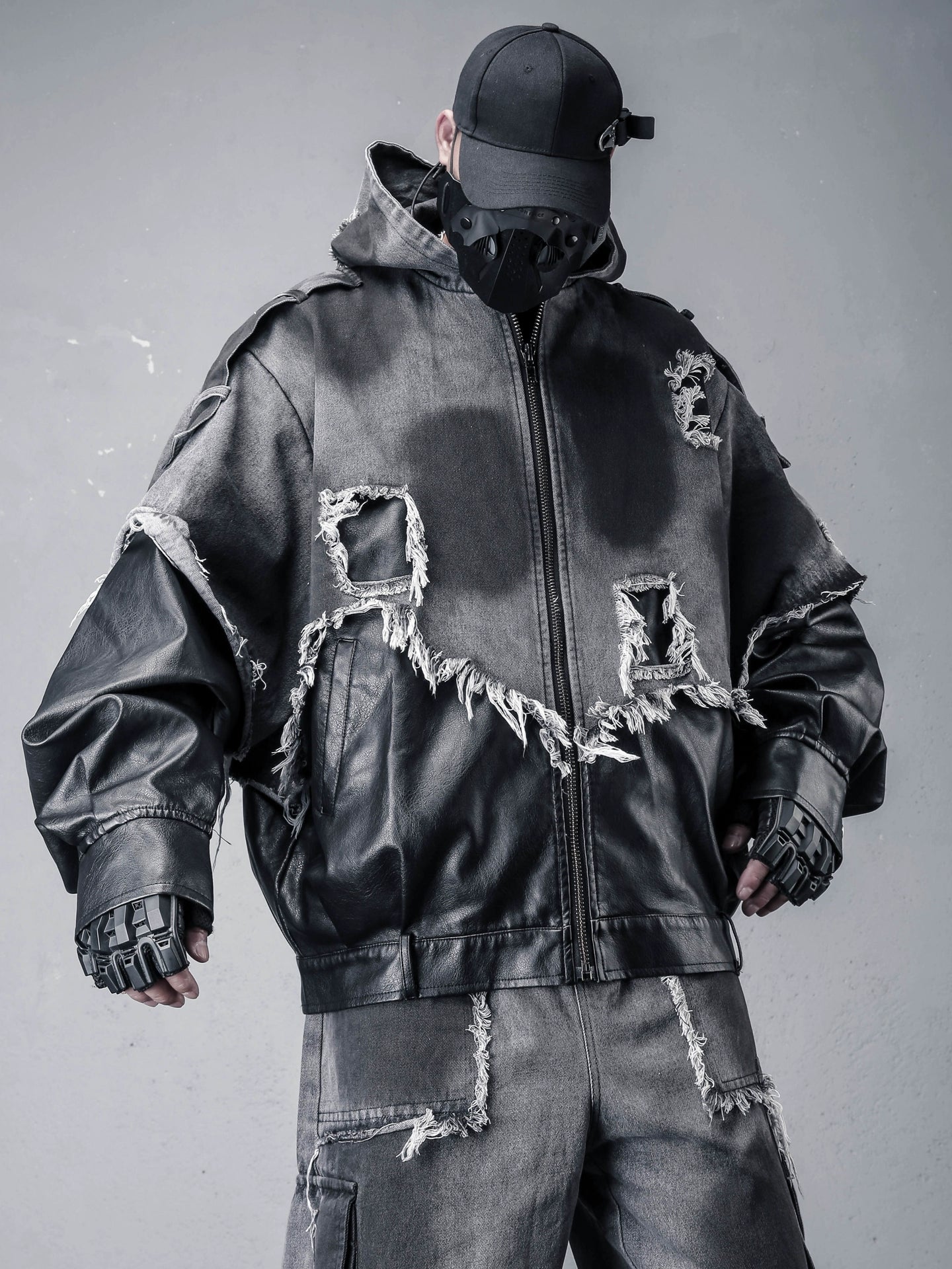 Damage Raw Edge Mix Patch PU Leather Denim Jacket WN22316