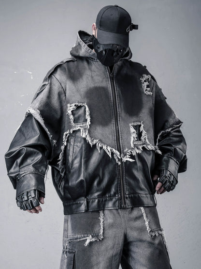 Damage Raw Edge Mix Patch PU Leather Denim Jacket WN22316