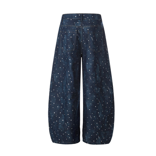 Star Print Curved Wide Leg Denim Jeans WN25696