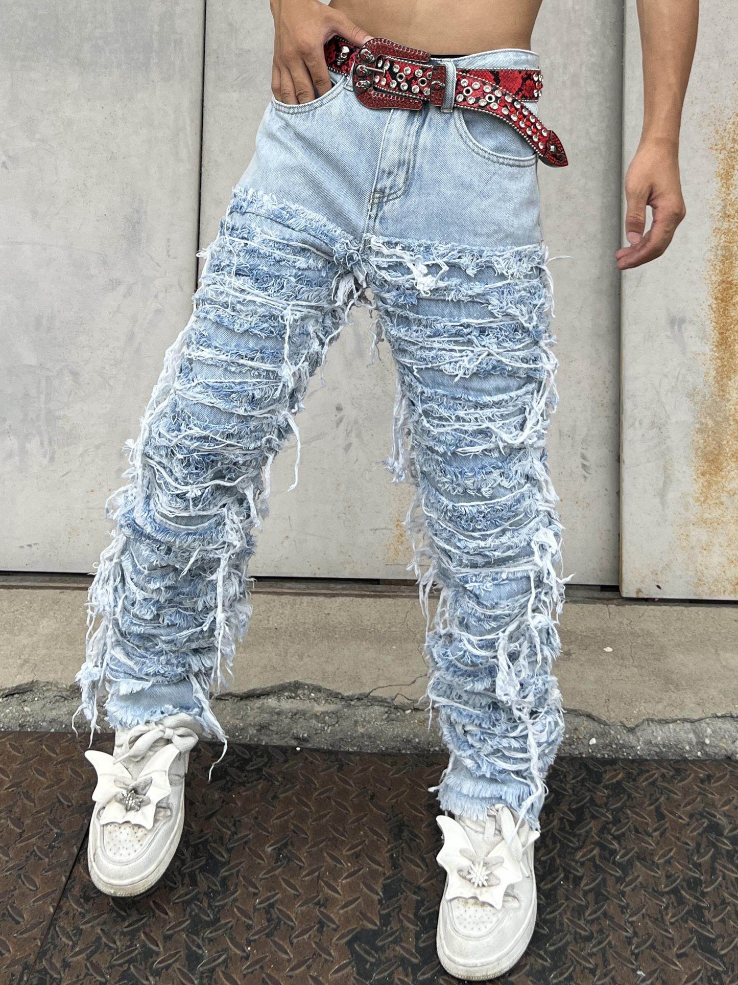 Washed Heavy Detail Fringe Straight Denim Jeans WN24094