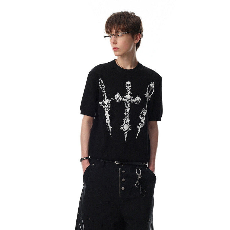 Cross Skull Graphic Short Sleeve Knit T-shirt WN25529