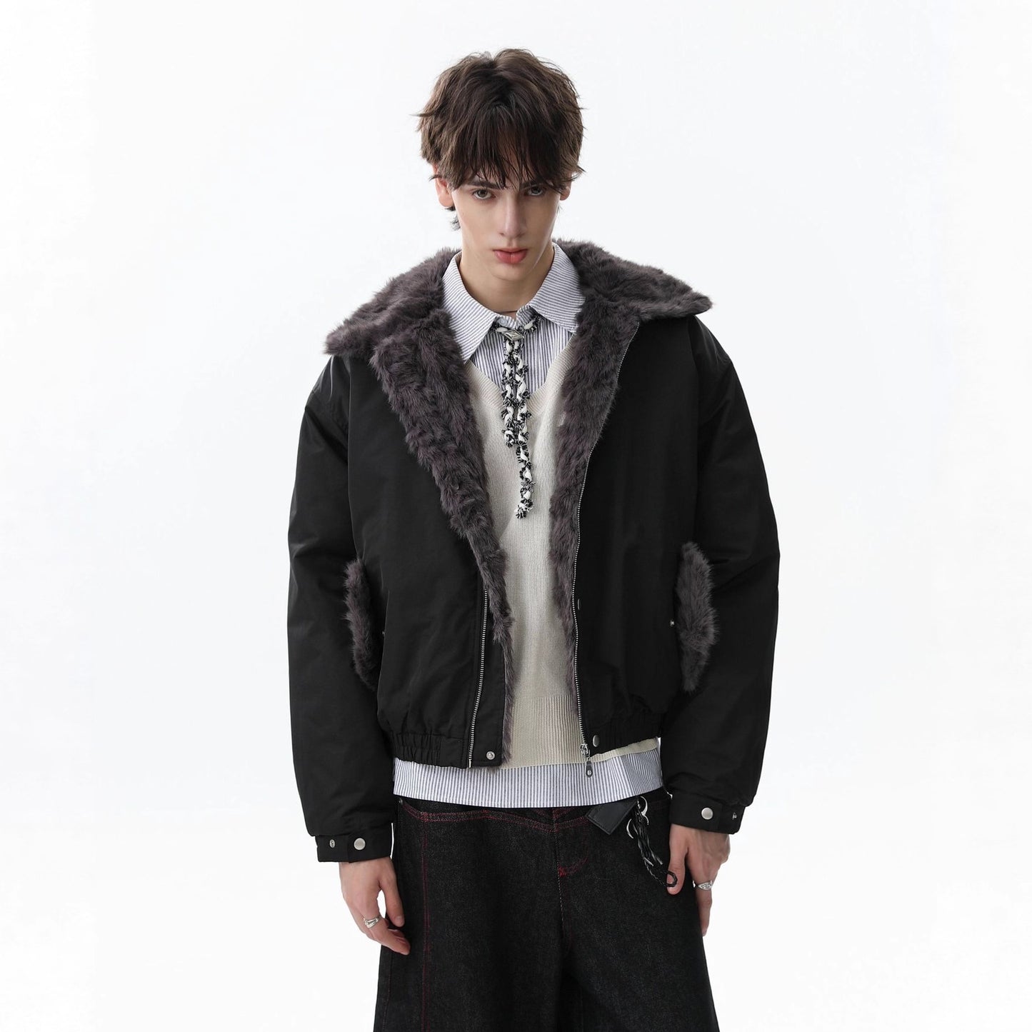 Fake Fur Collar Studs Design Fleece Lining Puffer Jacket WN21860