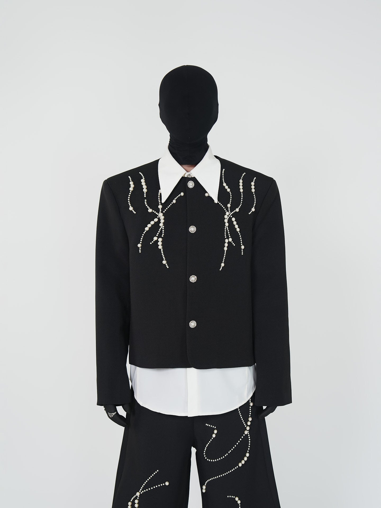 Shoulder-Pad Short Tailored Jacket & Pointed Collar Long Sleeve Shirt & Trousers Setup WN24147