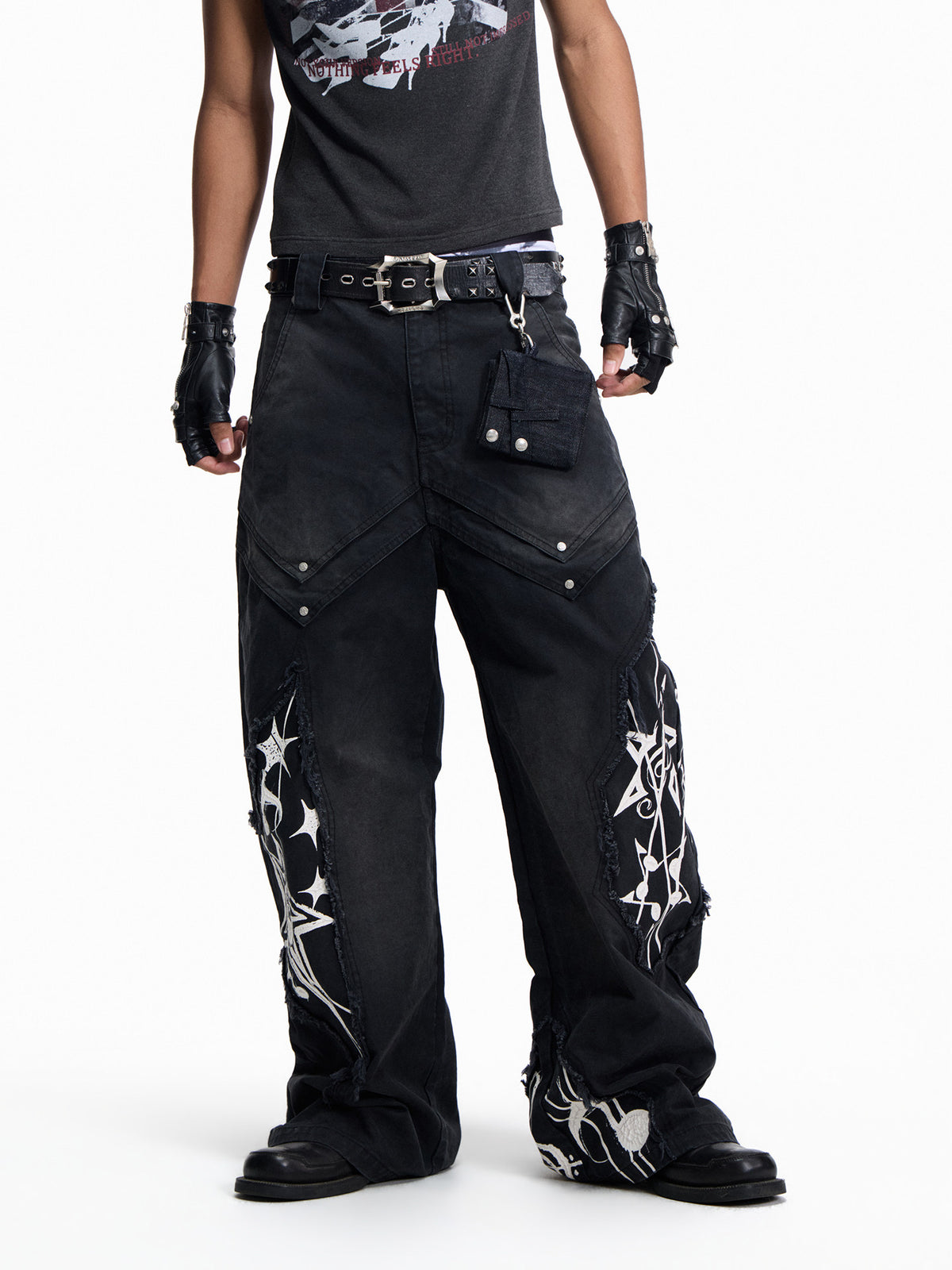 Music Note Print Washed Raw-Edge Wide Leg Pants WN27430