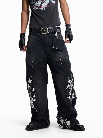 Music Note Print Washed Raw-Edge Wide Leg Pants WN27430