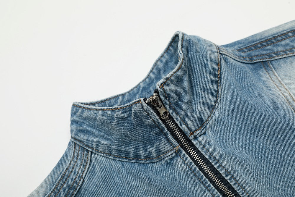 Faded Panel Stand Neck Denim Jacket WN28058