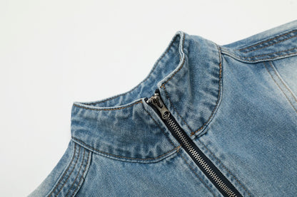 Faded Panel Stand Neck Denim Jacket WN28058