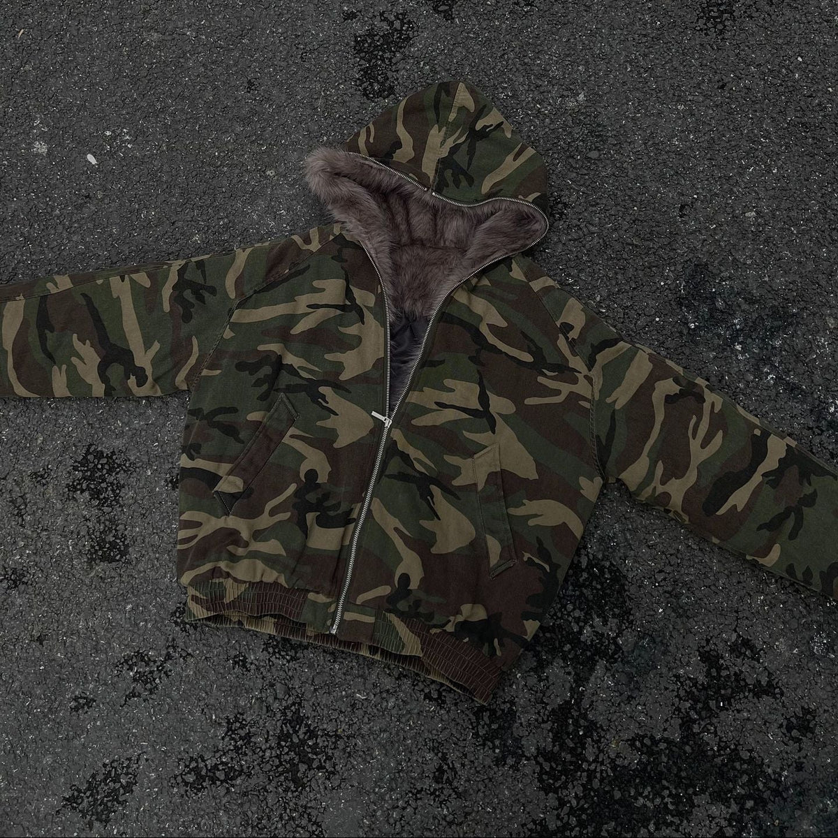 Camouflage Fake Fur Collar Hooded Puffer Jacket WN28044