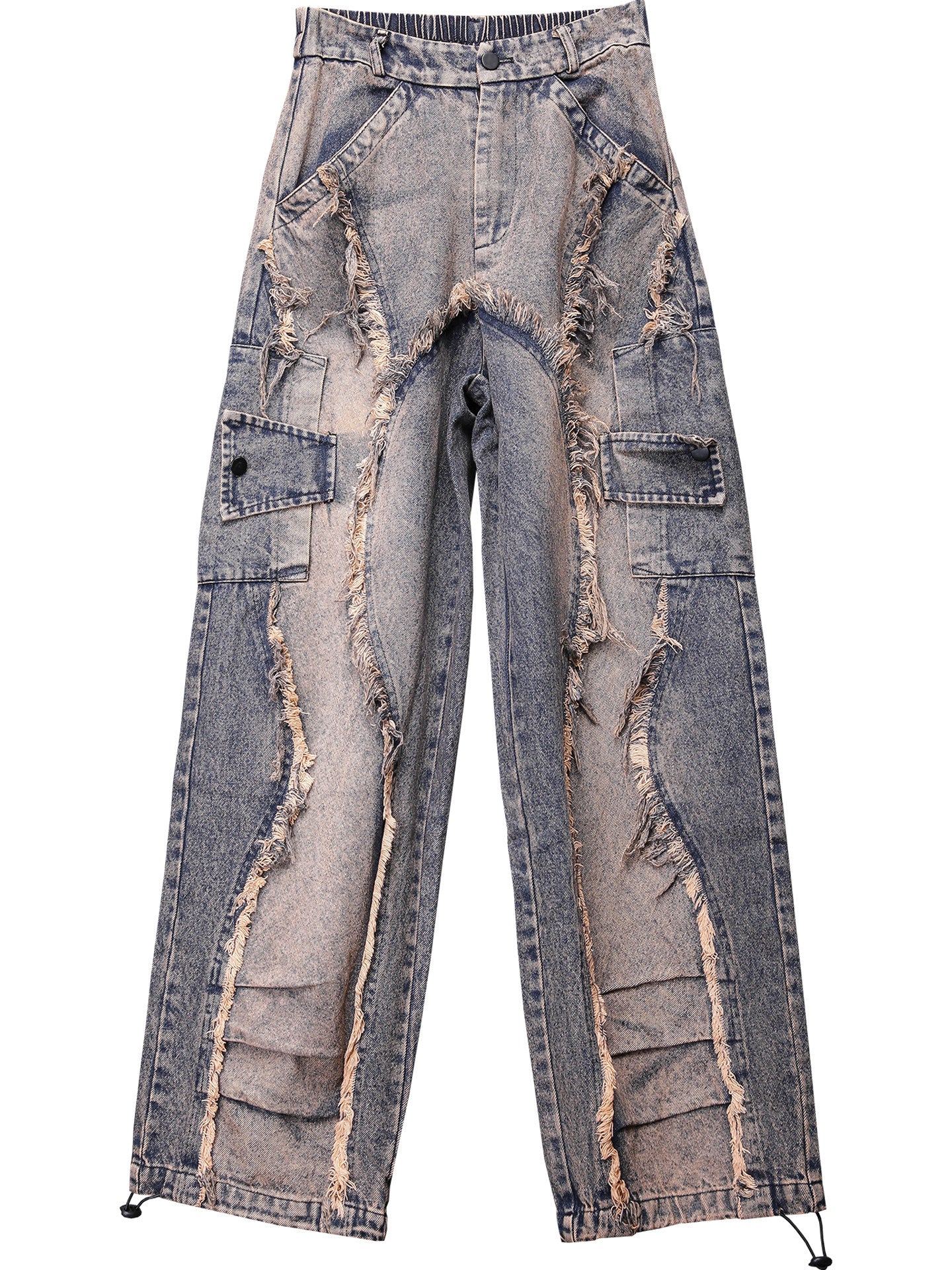 Damage Wash Mix Fringe Wide Leg Denim Jeans WN22503
