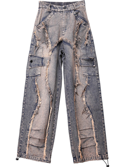 Damage Wash Mix Fringe Wide Leg Denim Jeans WN22503