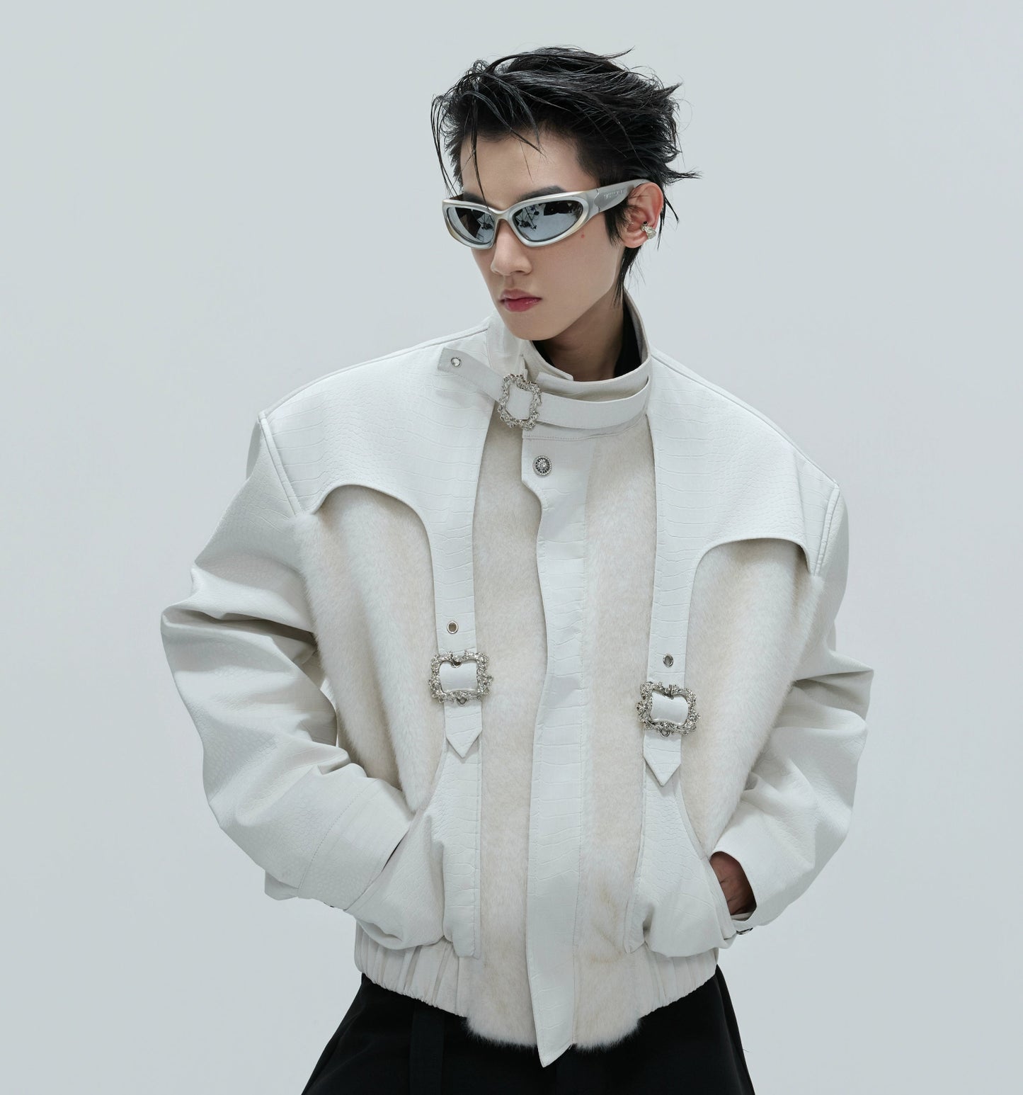 Deconstructed Fake Layered Crocodile Texture Furry PU Leather Jacket WN21723