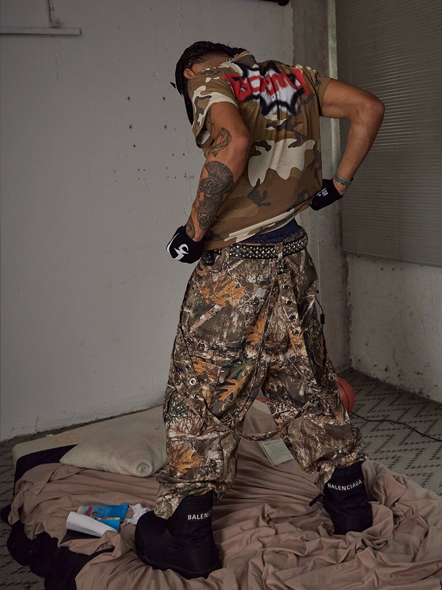 Detachable Belt Branch Camouflage Wide Leg Cargo Pants WN17044