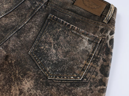 Leopard Print Patchwork Wide Leg Denim Jeans WN27839