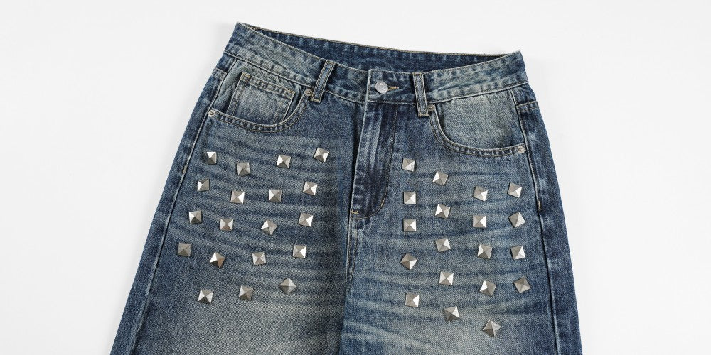 Metal Stud Washed Wide Leg Denim Jeans WN27843