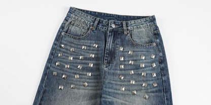 Metal Stud Washed Wide Leg Denim Jeans WN27843