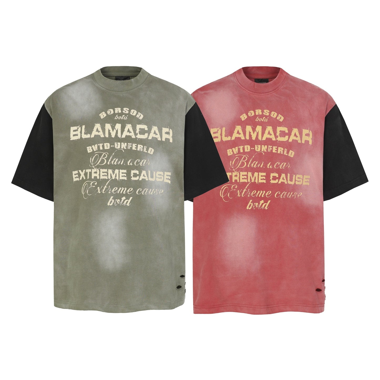 Letter Print Patchwork Wash Damage Short Sleeve T-Shirt WN25598
