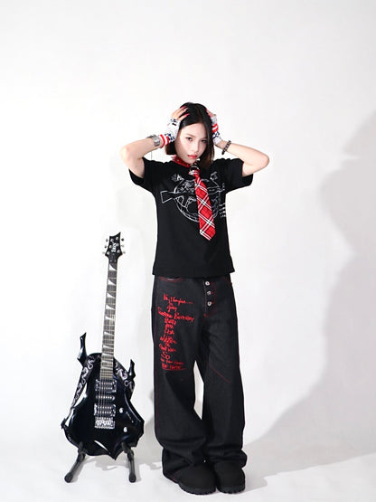 Graffiti Print Wide Leg Denim Jeans WN24110
