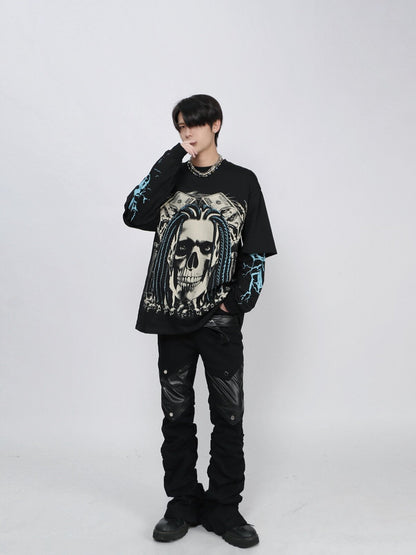 Fake Layered Skull Print Oversize Long Sleeve T-Shirt WN24492