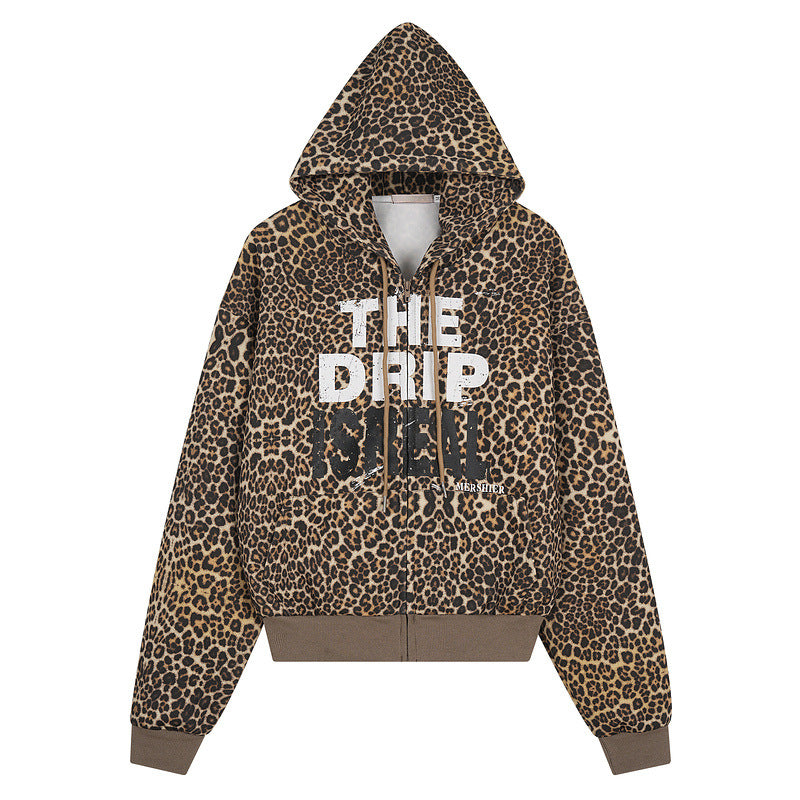 Leopard Print Letter Graphic Zipper Hoodie WN23565