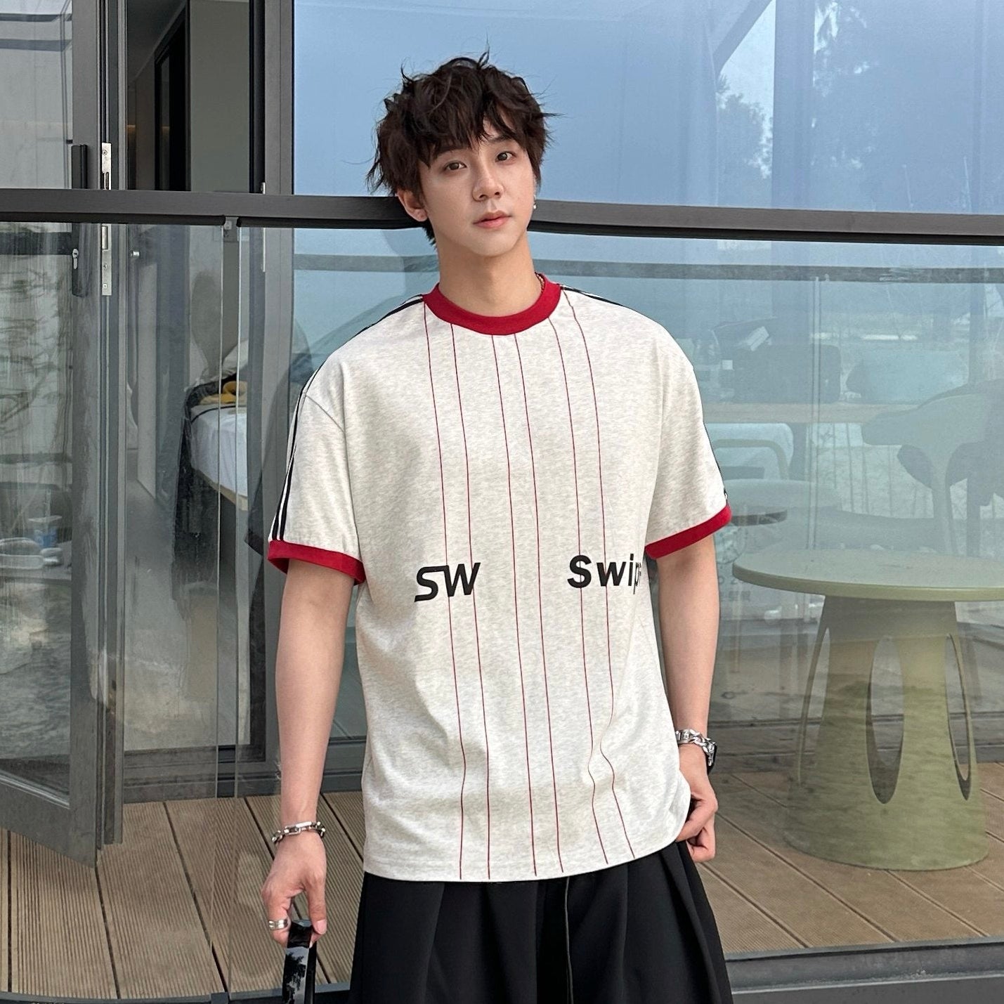 Letter Pinstripe Short Sleeve T-Shirt WN25204