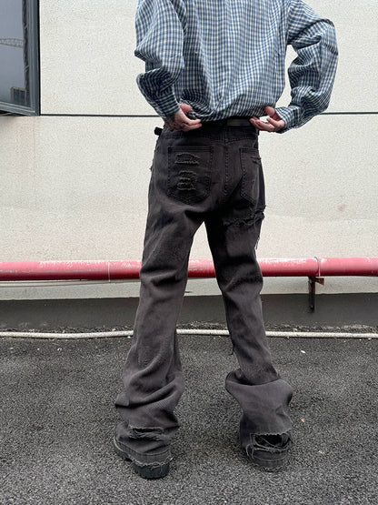 Embroidery Patch Damage Dye Straight Denim Jeans WN21161