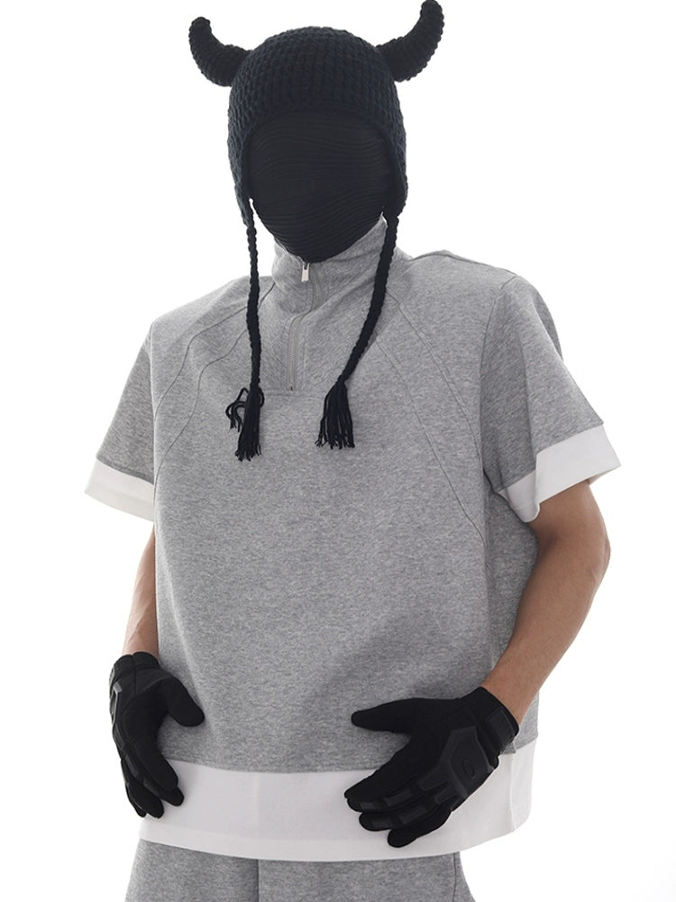 Half Zipper Stand Neck Shoulder-Pad Short Sleeve T-Shirt & Sweatpants Setup WN18620