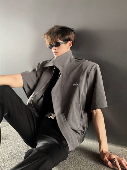Deconstructed Oversized Lapel Shoulder-Pad Zipper Jacket WN20041