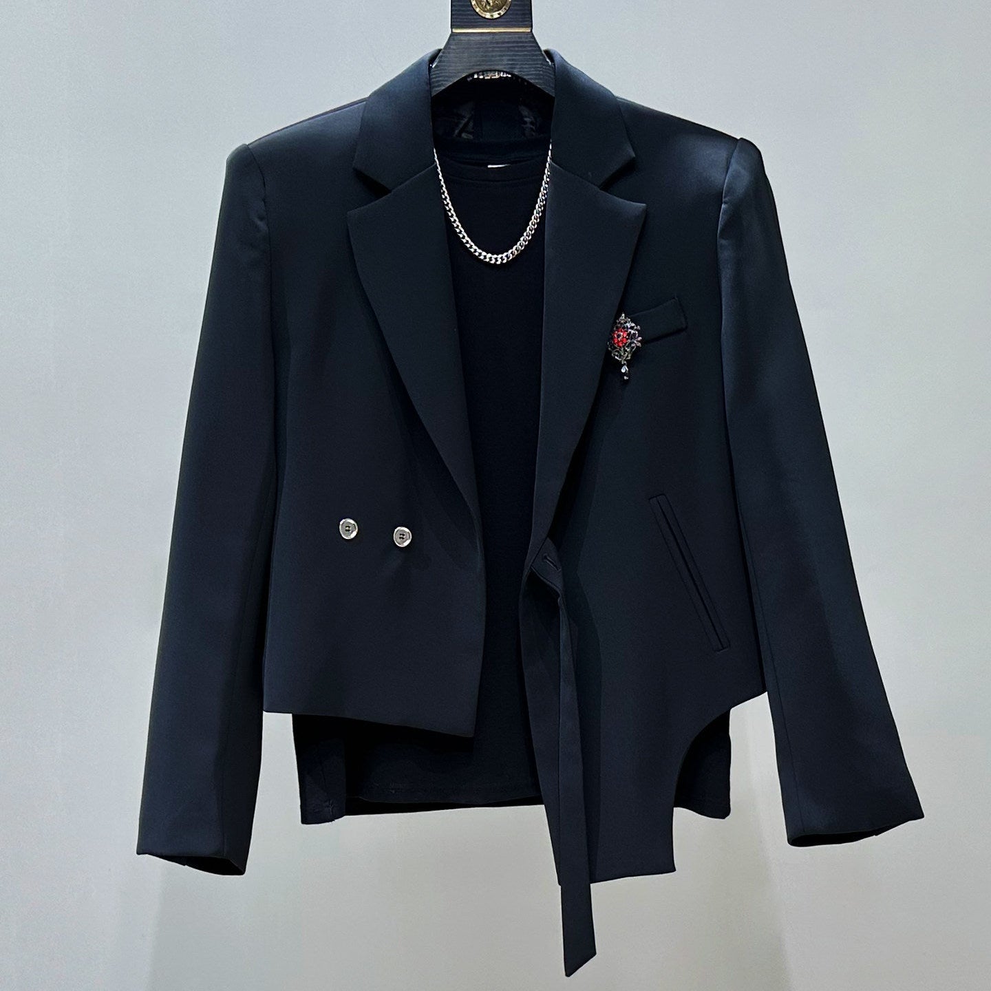 Asymmetric Short Shoulder-Pad Tailored Jacket & Flare Trousers Setup WN23848